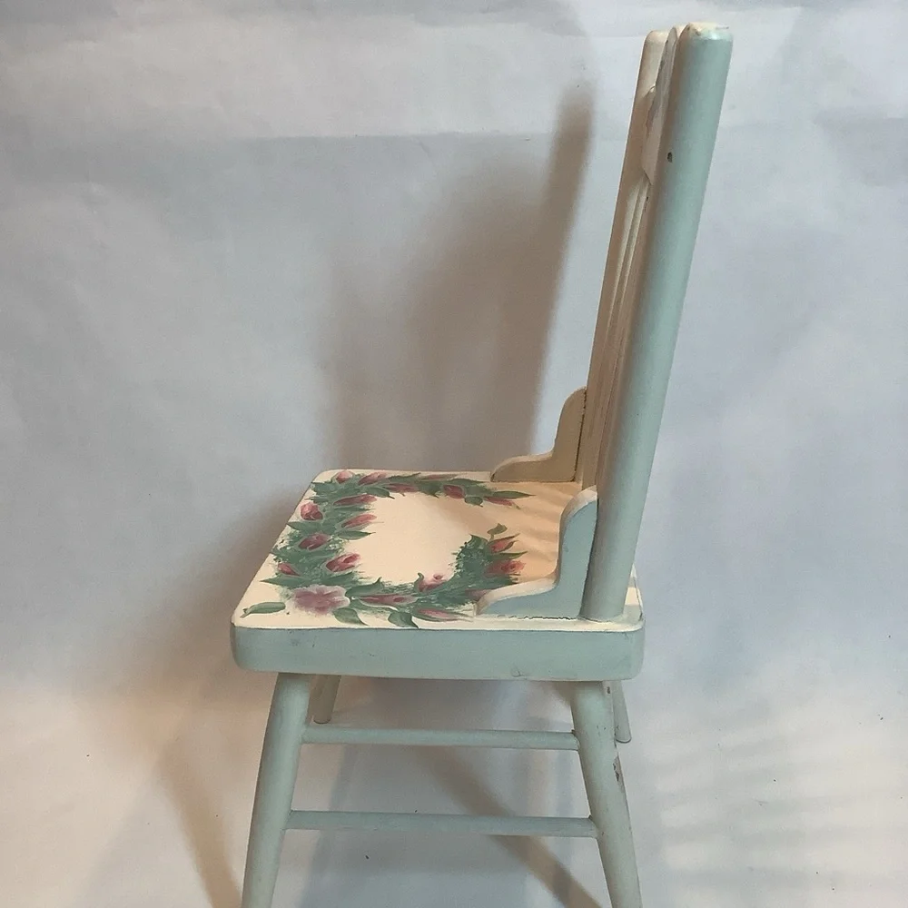 Hand Painted Doll Size Chair Rose Bud Artist Signed 12” Wood White Pink Green
